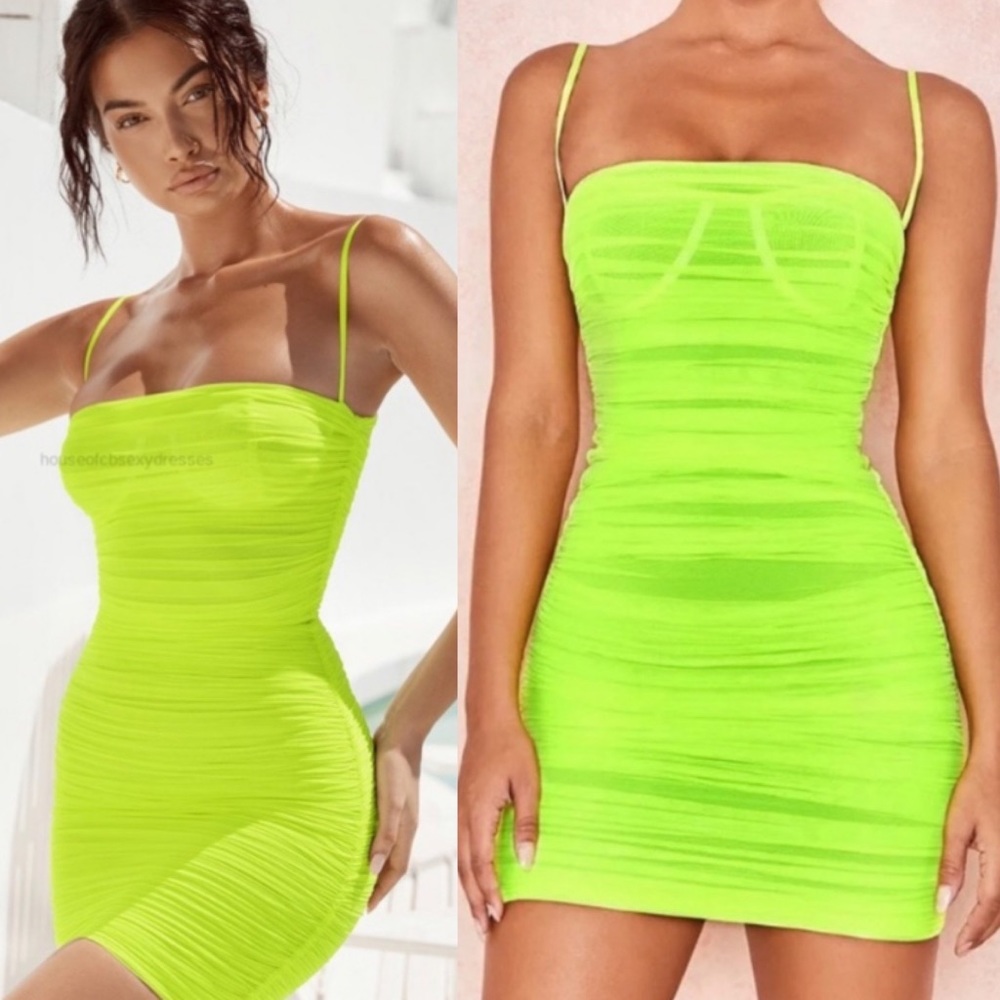 House of CB Neon Lime Green Ruched Mini Dress